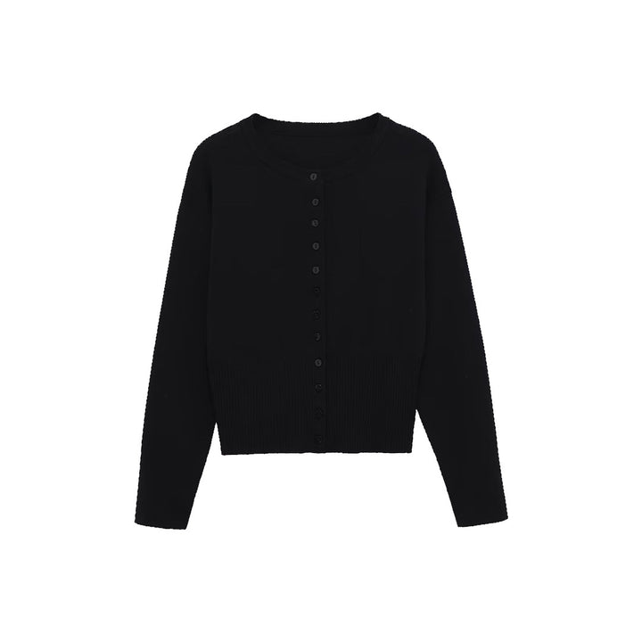 Women's Short Fine Knit Cardigan with Tailored Ribbed Waistband and Continuous Button Placket Mune Fashion