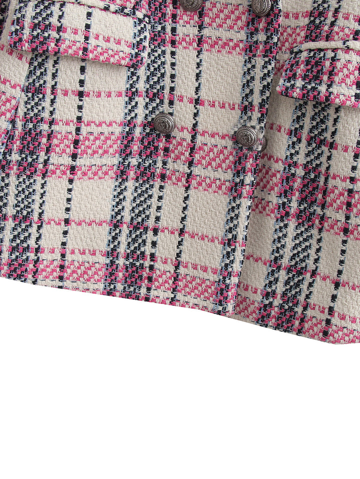 Ladies Boucle Tweed Long Blazer with Double Breasted Closure and Flap Pockets Mune Fashion