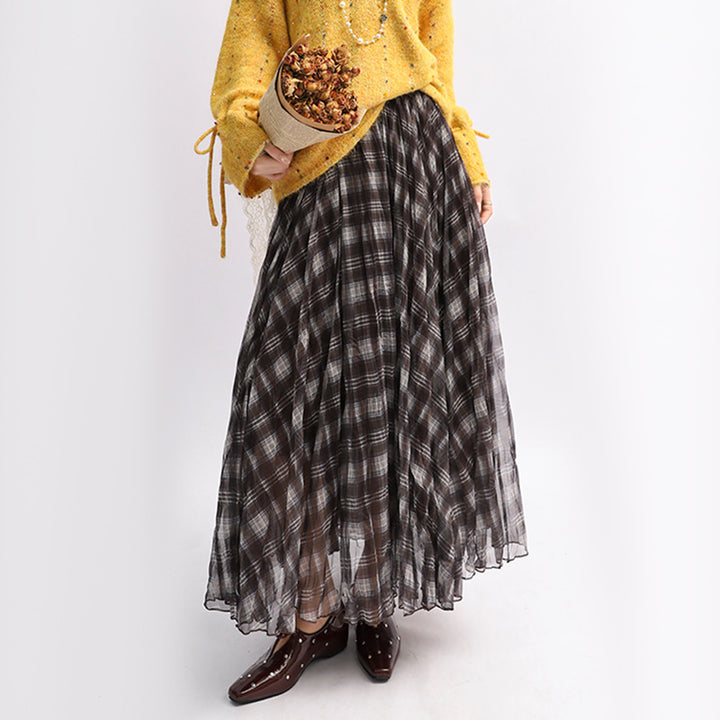 Women's pleated checked layered midi skirt with elasticated waistband and multi-layered chiffon structure Mune Fashion