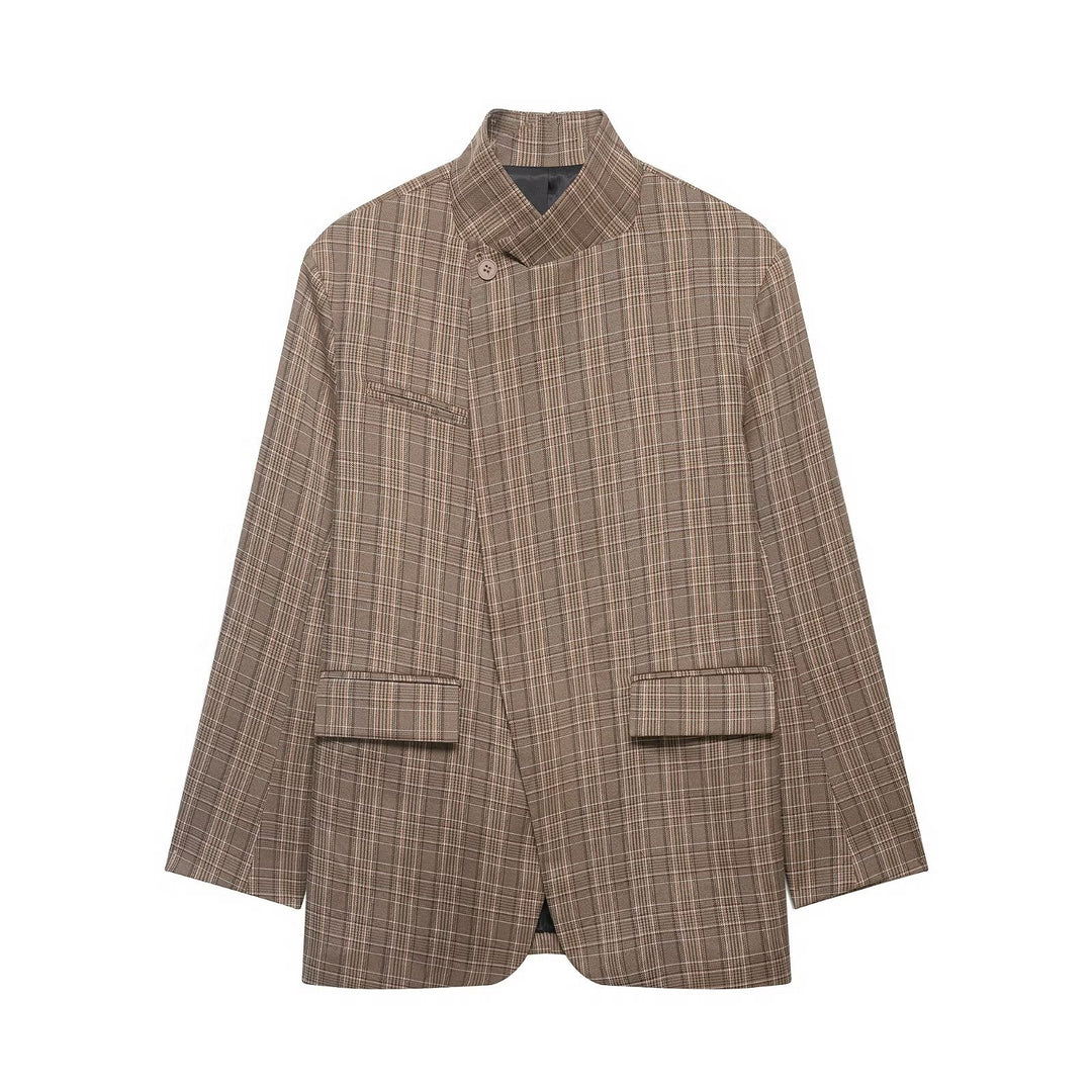 Women's Oversized Glencheck Blazer with Stand Collar and Asymmetrical Button Placket Mune Fashion