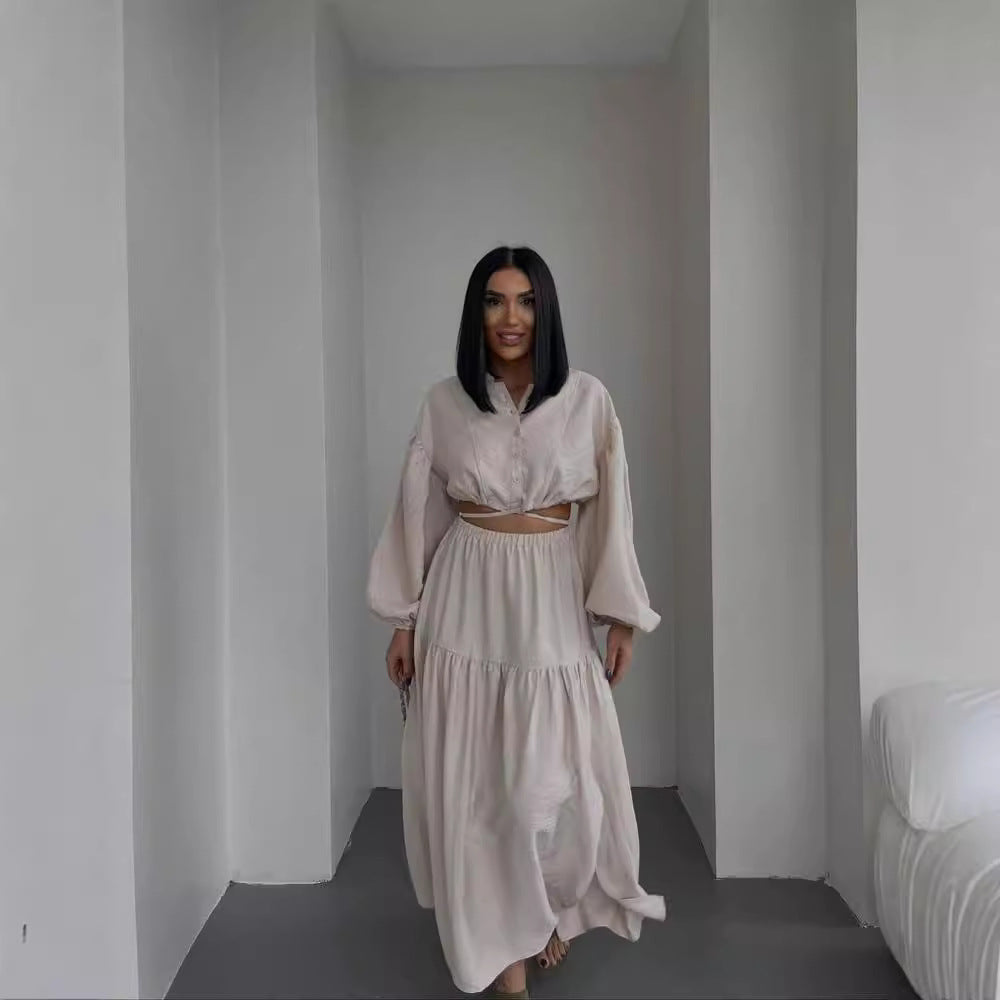 Women's two-piece boho set with cropped blouse and maxi skirt with slit Mune Fashion