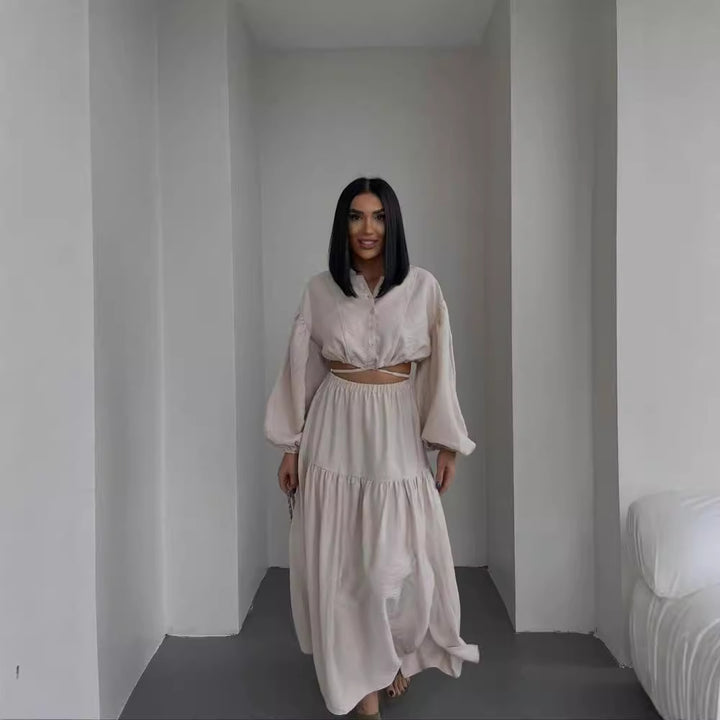 Women's two-piece boho set with cropped blouse and maxi skirt with slit Mune Fashion