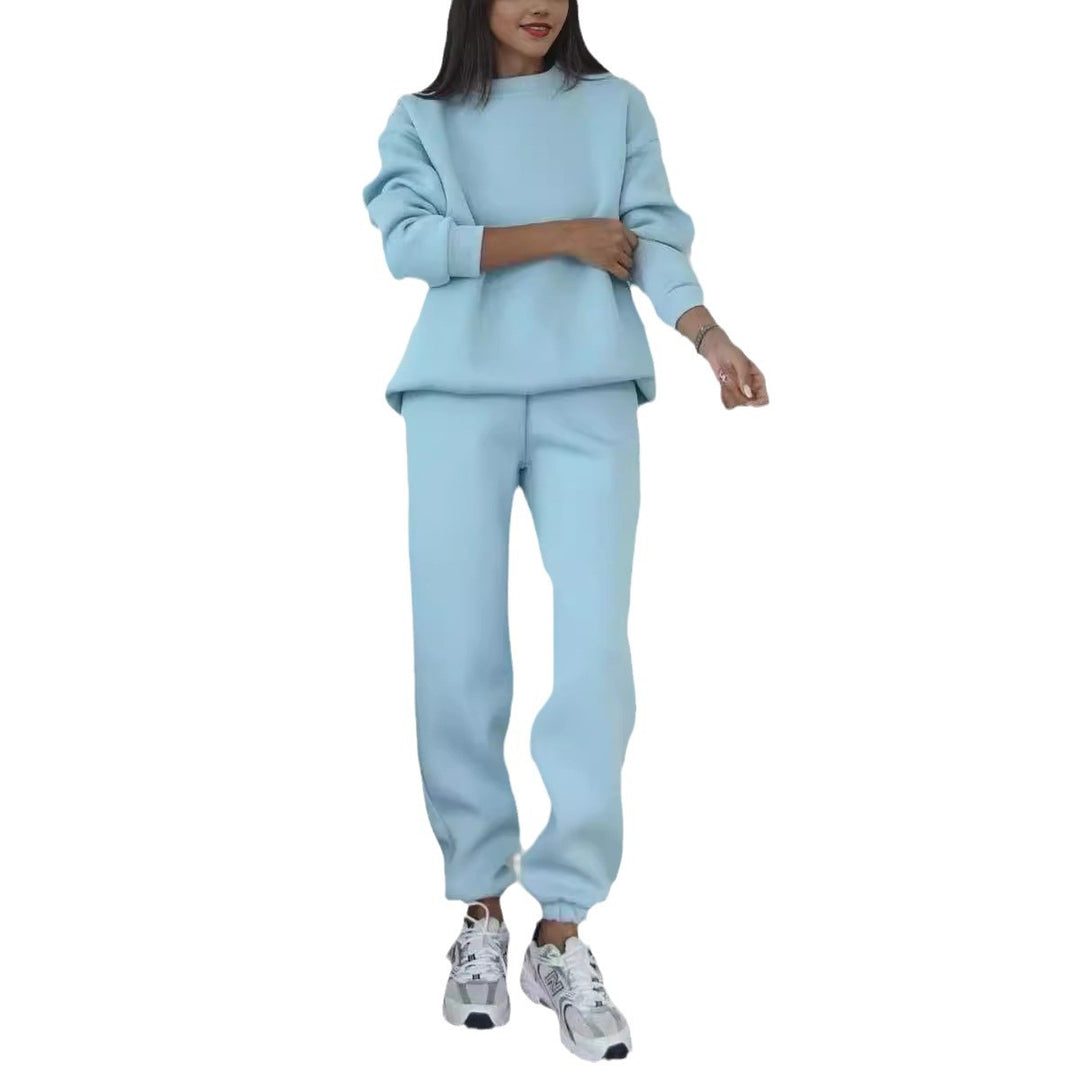 Women's minimalist cozy set made of heavy French terry with wide crew neck sweater and straight joggers Mune Fashion