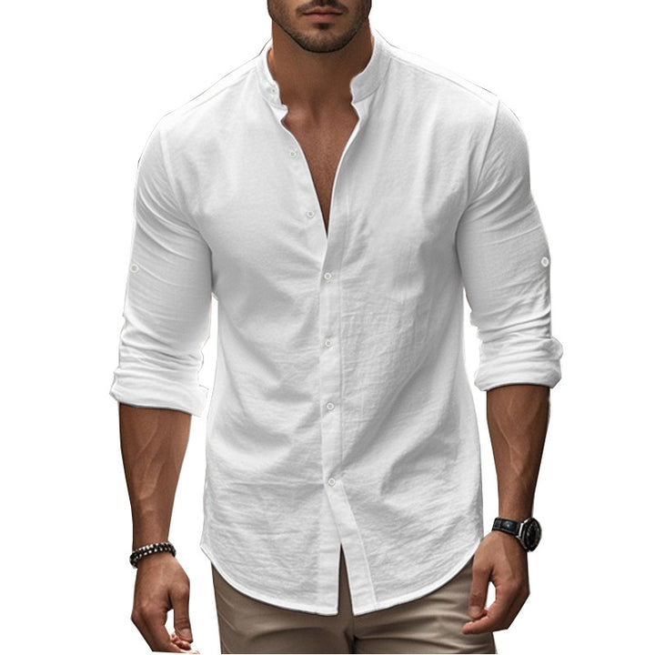 Men's casual linen shirt with standing collar, full button placket and roll-up sleeves Mune Fashion