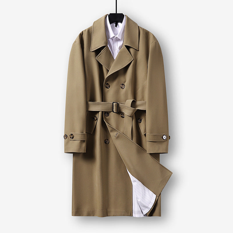 Men's Modern Knee-Length Double-Breasted Trench Coat with Waist Belt Mune Fashion