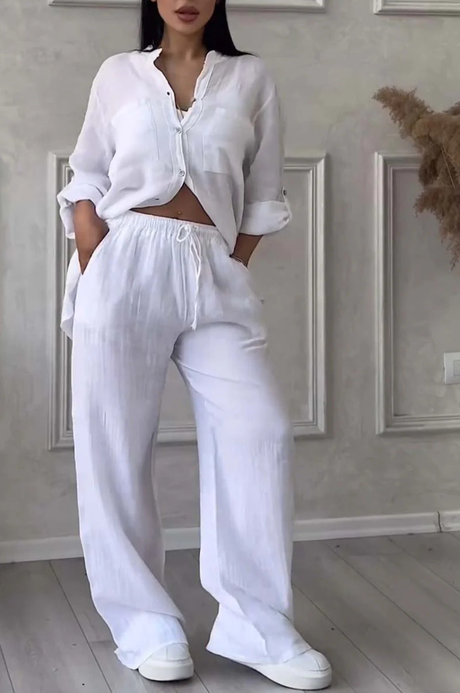 Women's casual linen two-piece set with loose shirt blouse, patch breast pockets, and elastic drawstring waistband Mune Fashion