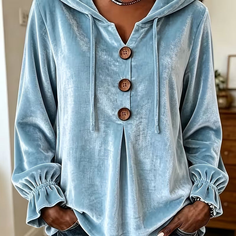 Women's Velvet Hoodie with Wooden Button Placket, Drawstring and Gathered Sleeves Mune Fashion
