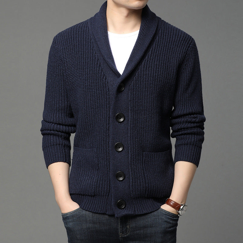 Men's chunky knit cardigan with shawl collar, patch pockets, and button placket Mune Fashion