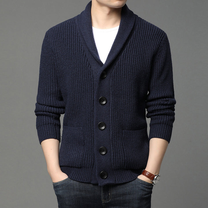 Men's chunky knit cardigan with shawl collar, patch pockets, and button placket Mune Fashion