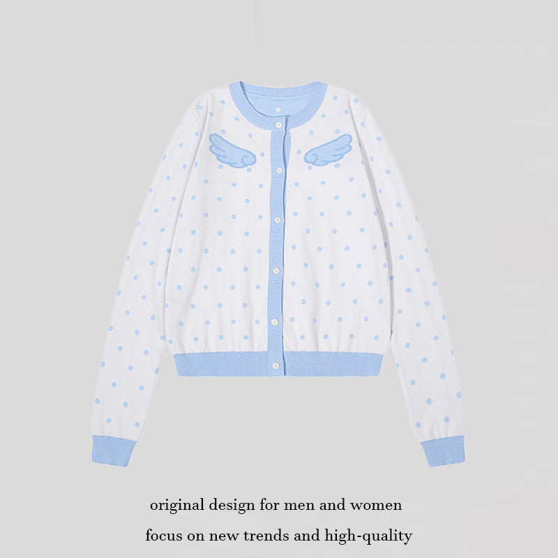 Women's Short Cropped Dotted Cardigan with Angel Wing Motif and Ribbed Cuffs Mune Fashion