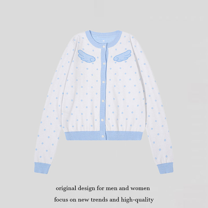 Women's Short Cropped Dotted Cardigan with Angel Wing Motif and Ribbed Cuffs Mune Fashion