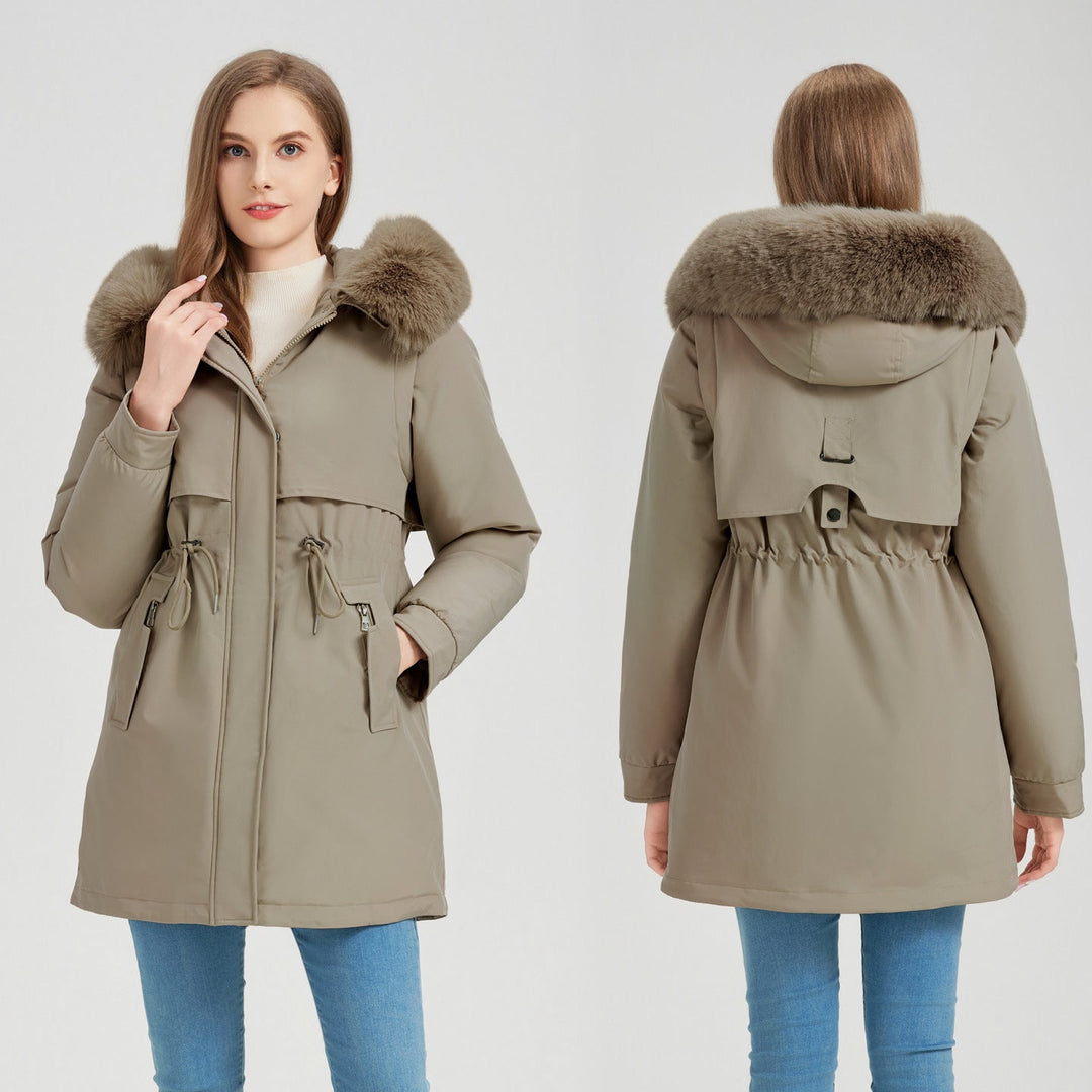 Women's Functional Parka with Removable Faux Fur Collar and Waist Drawstring Mune