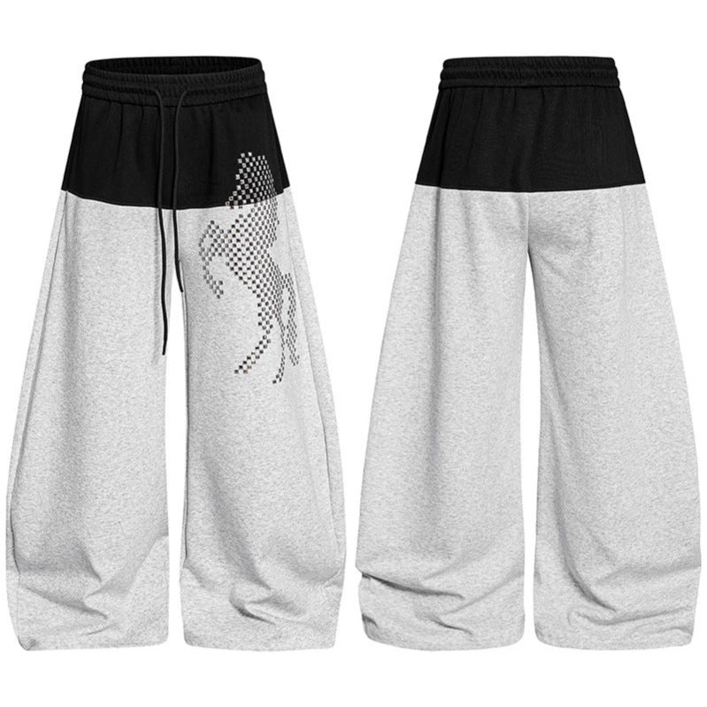 Ladies wide palazzo jogger pants with high elastic waistband, contrasting waistband area and pixelated horse motif Mune Fashion