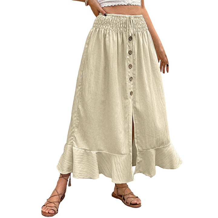 Ladies summer maxi skirt with smocked waistband, full button placket, side slit and ruffles