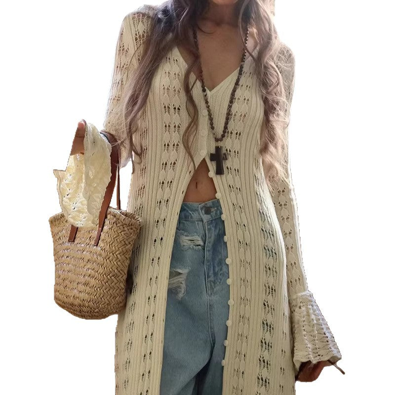 Women Long Crochet Knit Cardigan with Bell Sleeves and Open Front Drune