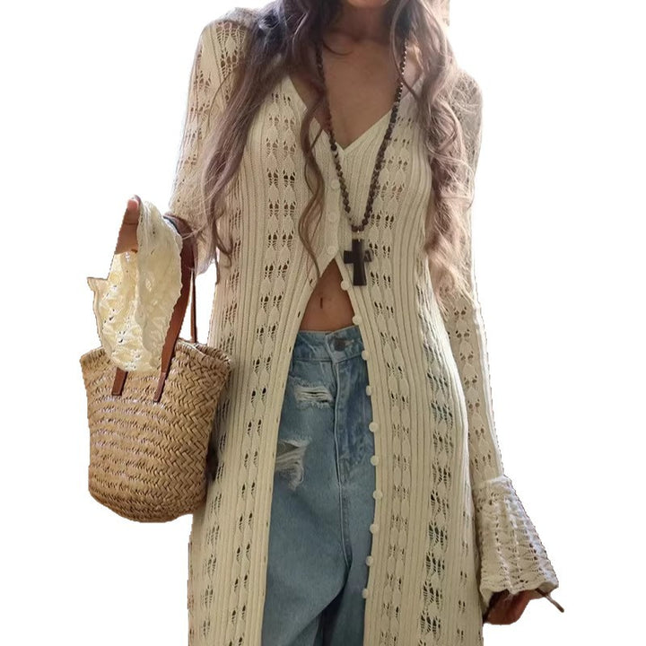 Women Long Crochet Knit Cardigan with Bell Sleeves and Open Front Drune