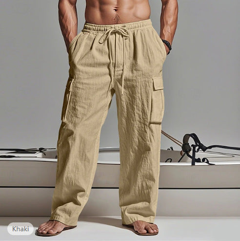Men's loosely cut linen cargo pants with elastic waistband and drawstring Mune Fashion