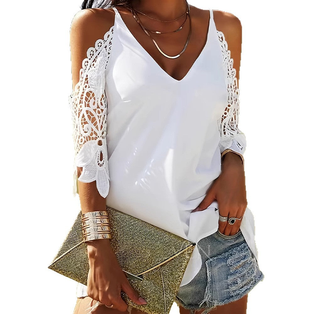 Women's off-the-shoulder spaghetti strap top with crocheted lace sleeves and V-neck Mune Fashion