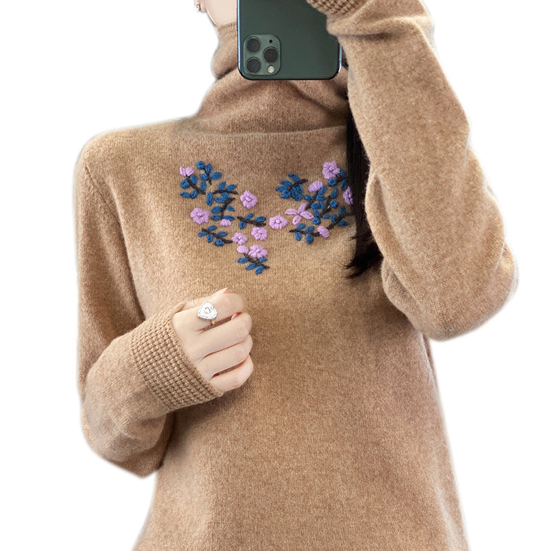 Women's Cashmere-Optics Turtleneck Sweater with Delicate Floral Embroidery on the Chest Area Mune Fashion