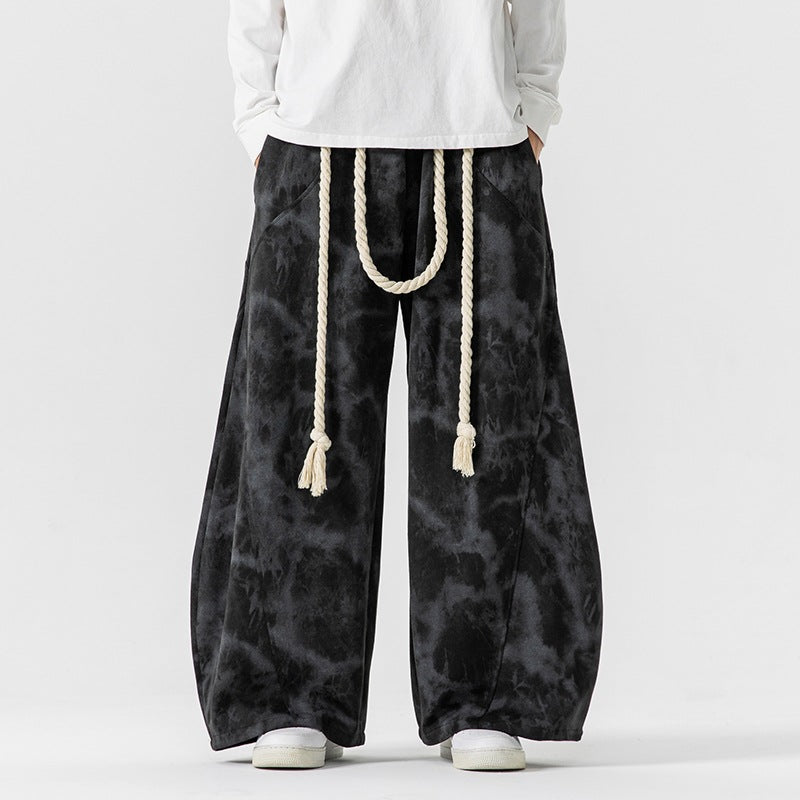 Unisex wide batik harem pants with decorative drawstring and deep crotch Mune Fashion