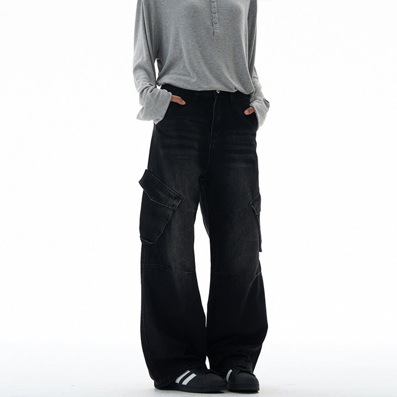 Women's High-Waisted Utility Denim Palazzo Pants with Knee Panels and Large Flap Pockets Mune Fashion