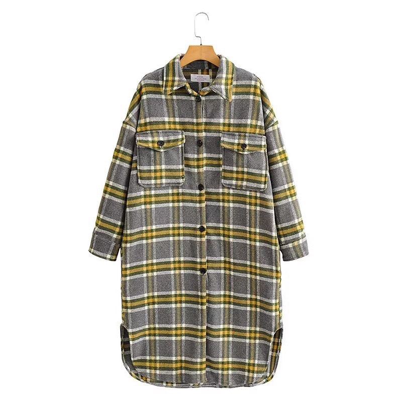 Women's Oversize Check Shirt Jacket in Longline Cut with Patch Chest Pockets Mune Fashion