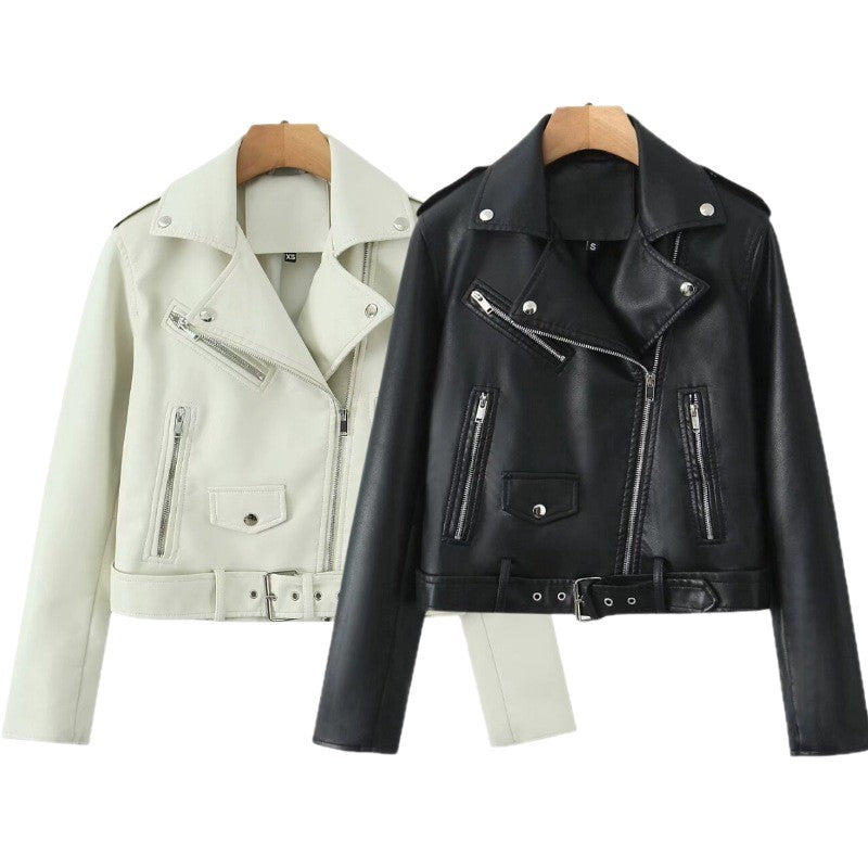 Women's robust fitted biker jacket made of faux leather with asymmetrical zipper and waist belt Mune Fashion