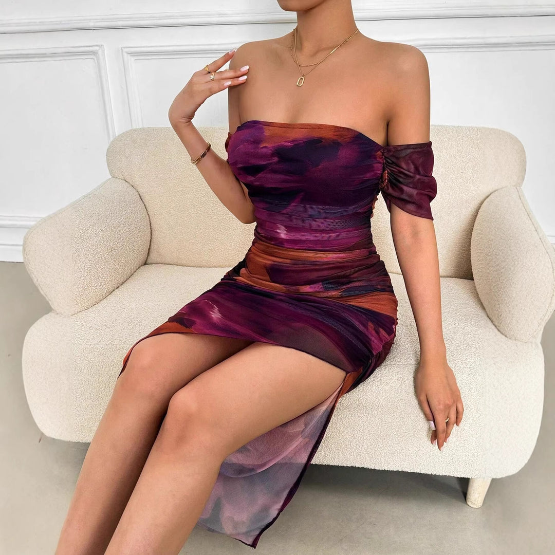 Women's Figure-hugging Off-the-shoulder Maxi Dress with Ruching, Split and Watercolor Print Mune Fashion
