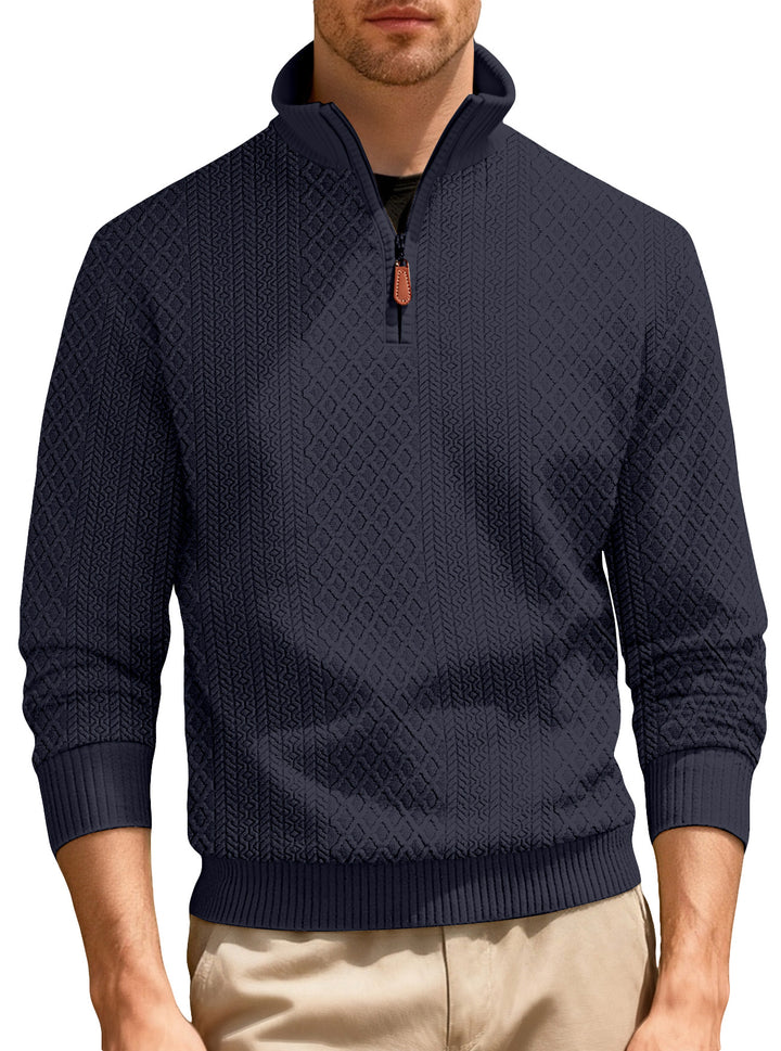 Men's half-zip pullover in fine-structured jacquard relief with high stand-up collar and leather zipper Mune Fashion