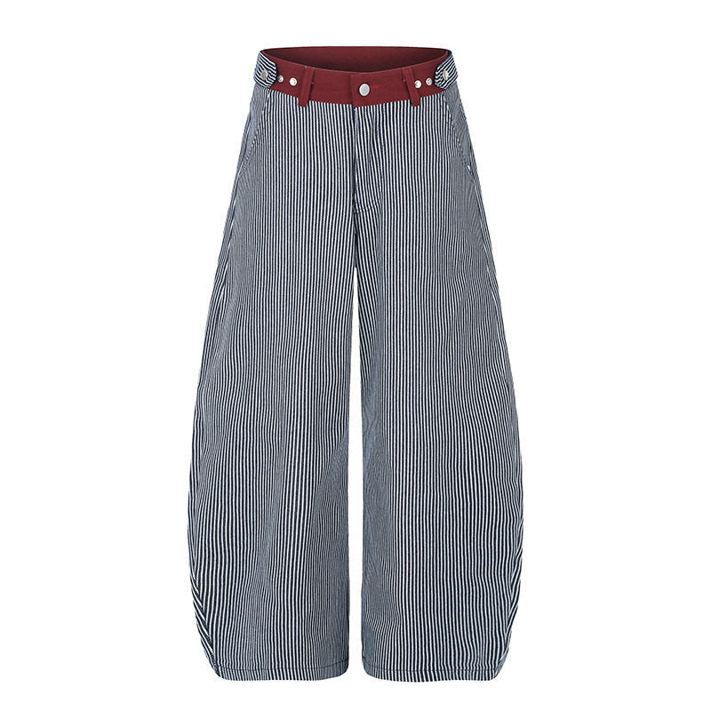 Women's Wide High-Waist Palazzo Culotte with Maritime Pinstripes and Contrasting Waist Detail Mune Fashion