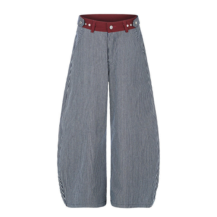 Women's Wide High-Waist Palazzo Culotte with Maritime Pinstripes and Contrasting Waist Detail Mune Fashion
