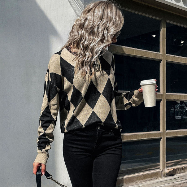 Women's diamond-pattern knitted sweater with loose fit and ribbed cuffs Mune Fashion