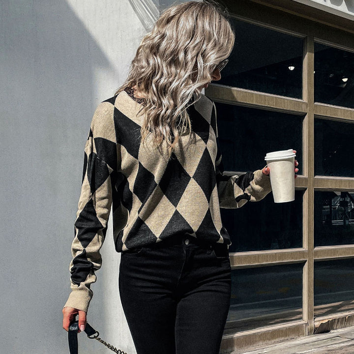 Women's diamond-pattern knitted sweater with loose fit and ribbed cuffs Mune Fashion