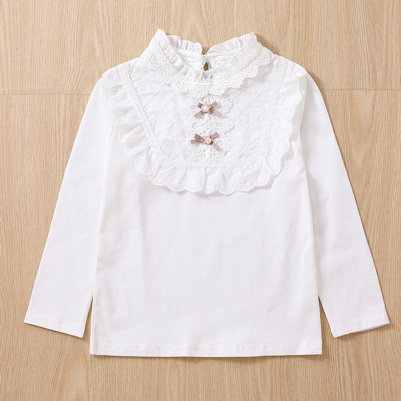Girl Long Sleeve Blouse with Lace Collar and Ruffle Details Mune Fashion