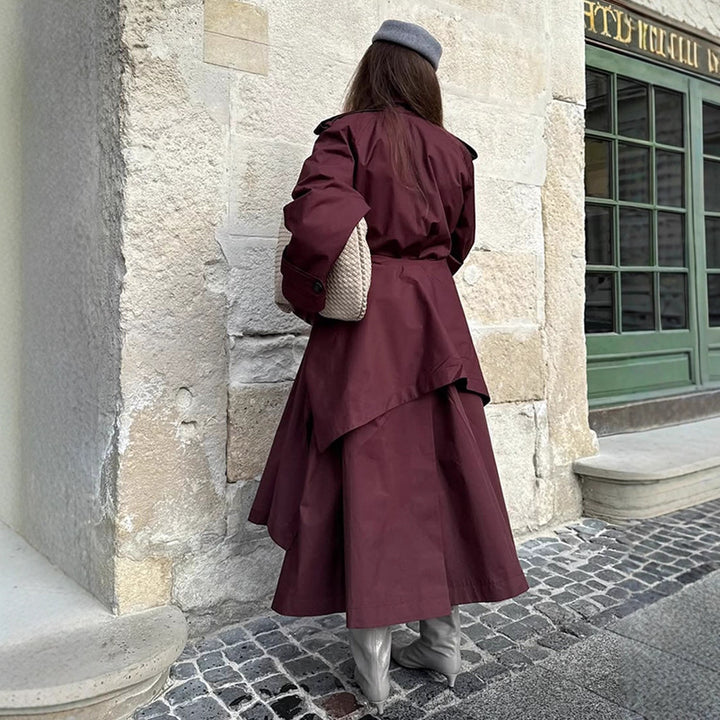 Women's Mid-Length Trench Coat with Poncho-Like Cape Overlay & Boxy Silhouette Mune Fashion