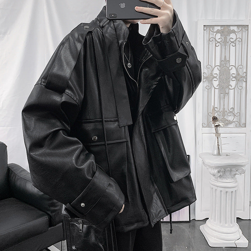 Men's Loose-Fit Faux Leather Jacket with Hood, Utility Pockets and Adjustable Cuffs Mune Fashion