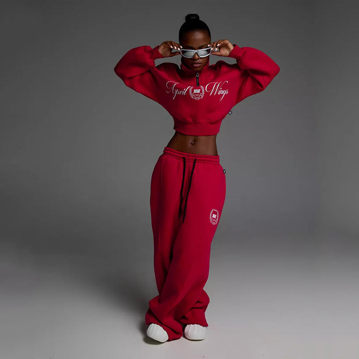 Women Cropped Half-zip Sweatshirt with Wide High-Waist Lounge Pants Set Mune Fashion