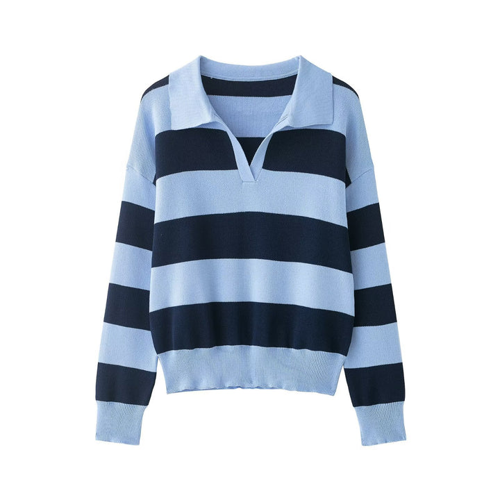 Women Striped Oversize Rugby Sweater with Polo Collar and V-Neck Mune Fashion