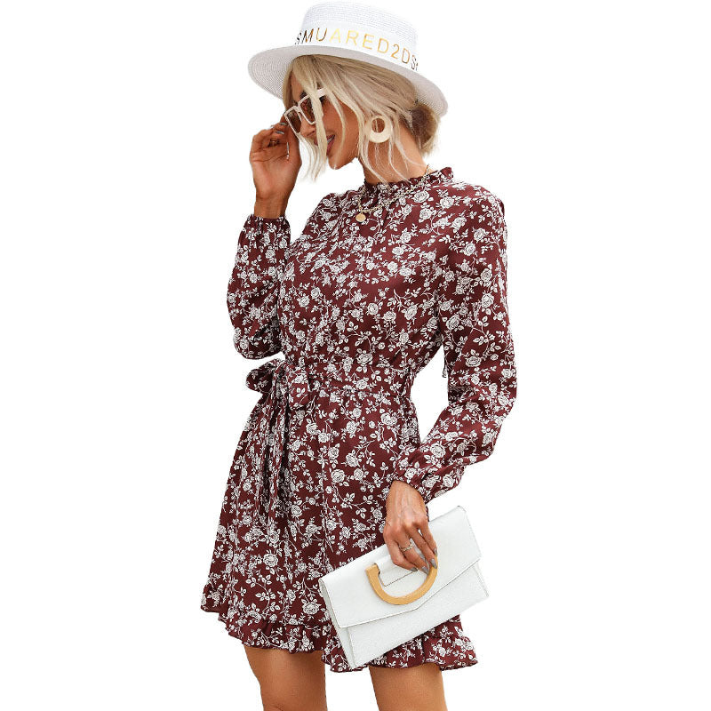 Ladies A-line short dress with stand collar, waist band and ruffle hem Mune Fashion