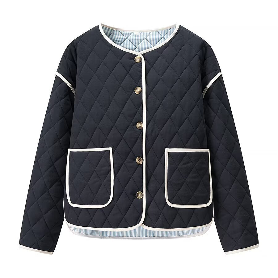 Women's quilted short jacket with diamond quilting, contrasting piping, and rounded hem Mune Fashion