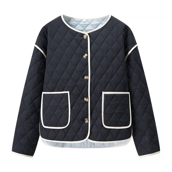 Women's quilted short jacket with diamond quilting, contrasting piping, and rounded hem Mune Fashion