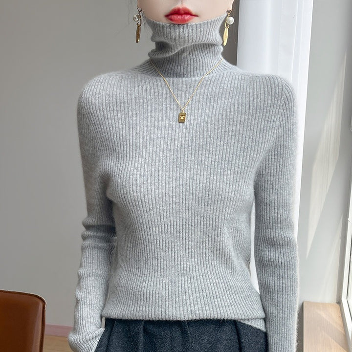 Women Slim Ribbed Knit Turtleneck Sweater with Ruffled Neck and Cashmere-like Feel Mune Fashion