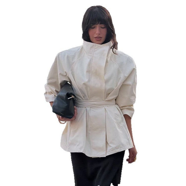 Women's Boxy Short Coat with High Stand Collar and Tied Belt Mune Fashion