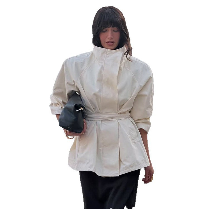 Women's Boxy Short Coat with High Stand Collar and Tied Belt Mune Fashion