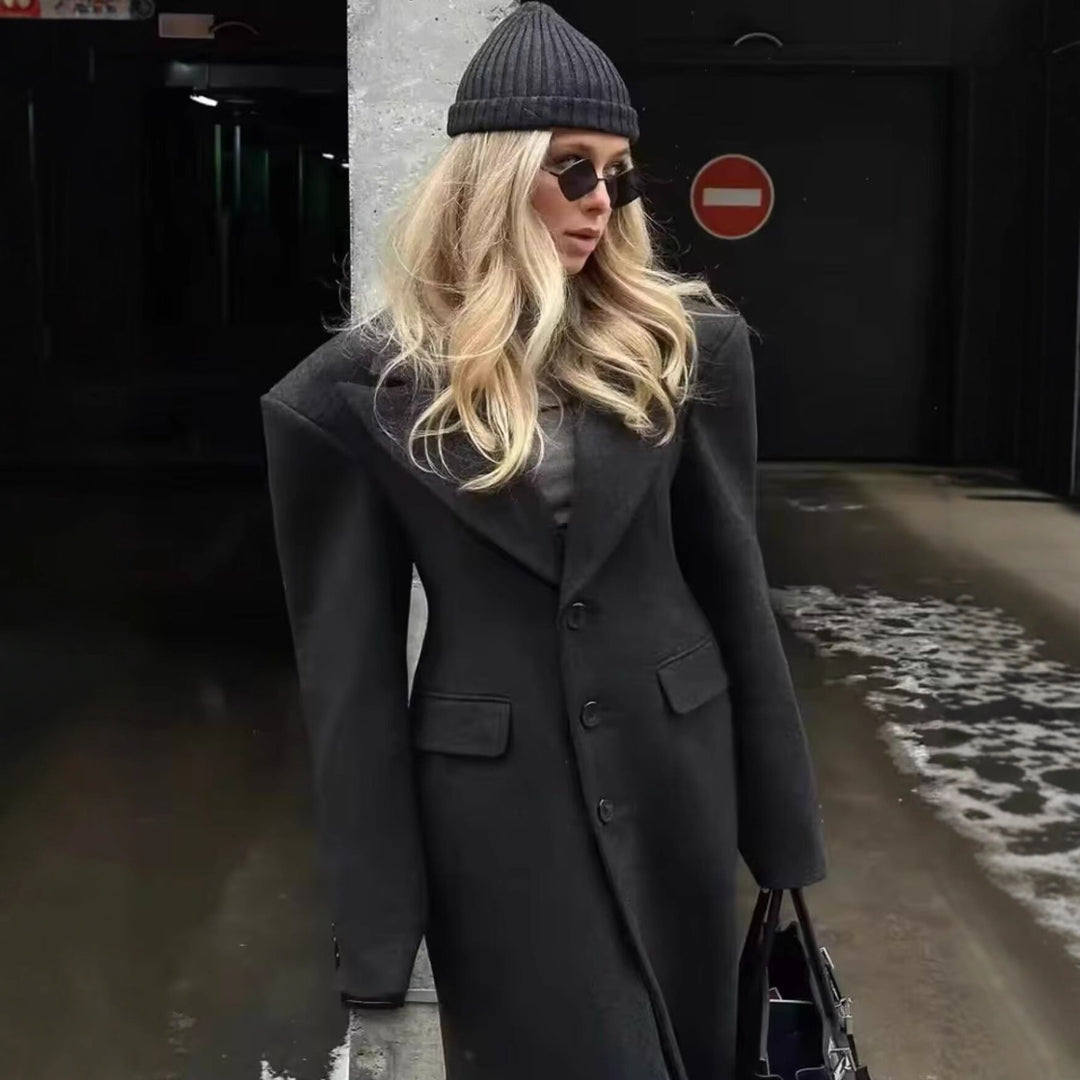 Women Longline Wool Blend Coat with Distinctive Lapels, Tailored Darts, and Flap Pockets Mune Fashion
