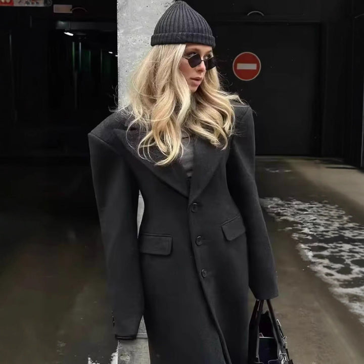 Women Longline Wool Blend Coat with Distinctive Lapels, Tailored Darts, and Flap Pockets Mune Fashion