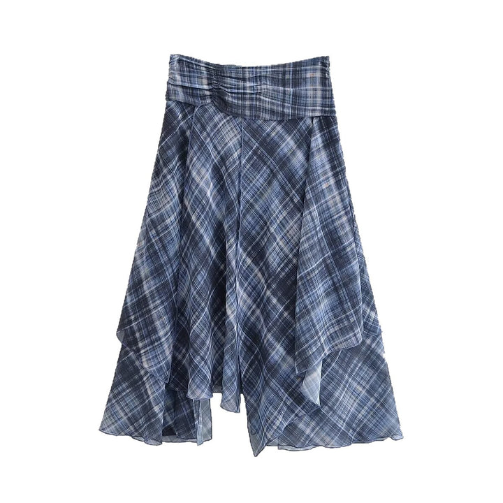 Women Asymmetrical multilayer midi skirt made of chiffon with wide waistband and check pattern Mune Fashion
