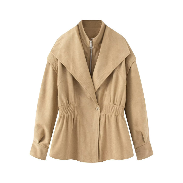 Women's short jacket made of velour imitation with a wide shawl collar and waist gathering Mune Fashion