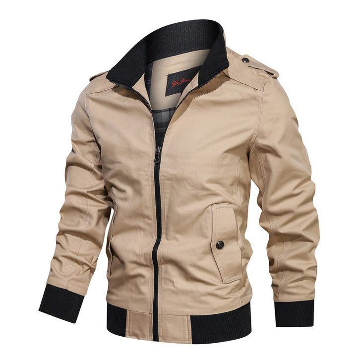 Men's lightweight canvas urban jacket in bomber style with high collar and concealed two-way zipper.