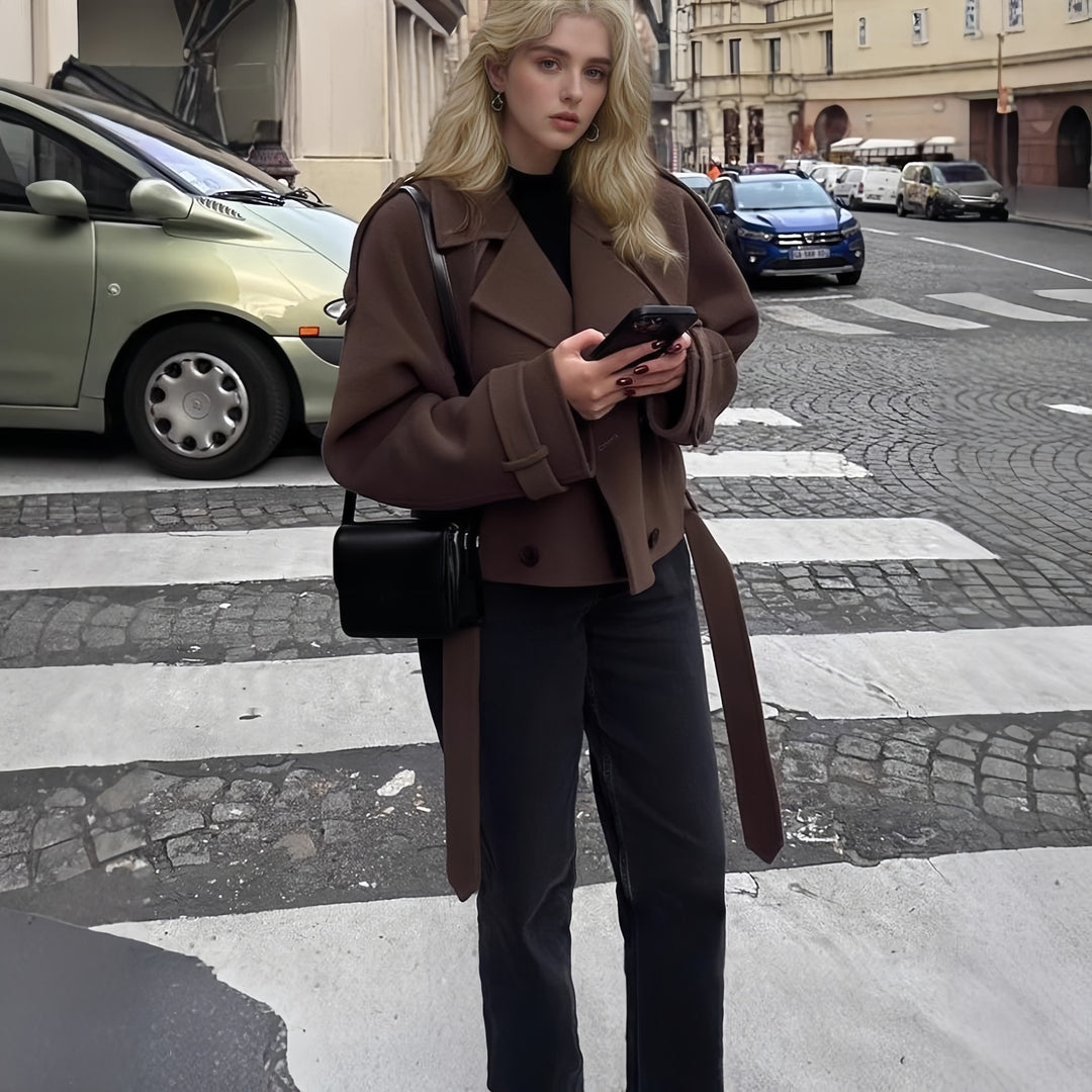 Ladies short-cut double-breasted wool blend coat with wide lapels and belted waist Mune Fashion